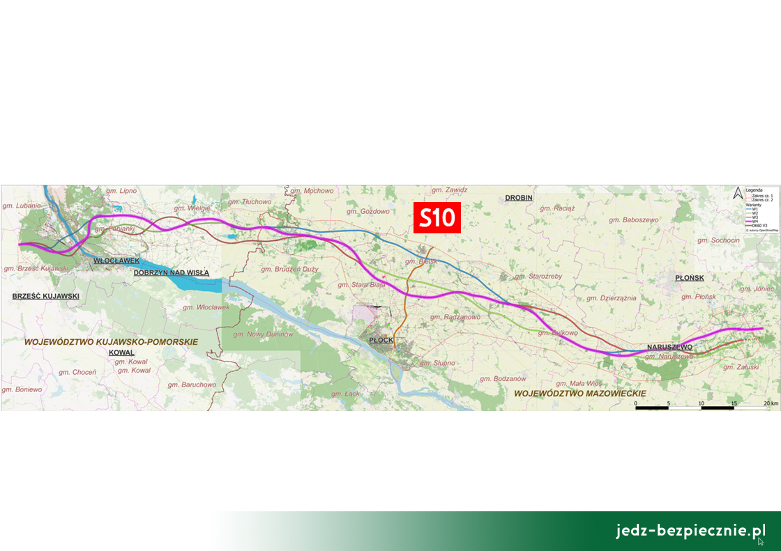 Wariant 4, fioletowy, został wybrany dla przebiegu odcinka drogi ekspresowej S10 pomiędzy autostradą A1 i Obwodnicą Aglomeracji Warszawskiej S50 | Jedź Bezpiecznie